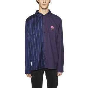 DAILY PAPER Asymmetric Plaid and Stripe Button-Up Shirt Men BLUE T-Shirts